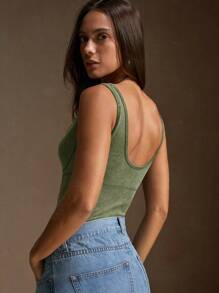 Anewsta Green Women's Fashionable Elegant Square Neck Knit Ribbed Casual T-Shirt Bodysuit, Suitable For Summer, Elegant, Casual, Beach, Vacation - Green - View 2