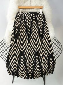 SHEIN LUNE Plus Size Casual Geometric Print Pleated Skirt Fall Cloth For Women - Black - View 1