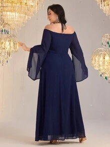 Modelyn Plus Size Elegant Party Sequin Flower Embroidered Open Shoulder Halter Poncho Sleeve Dress - Navy Blue - View 2