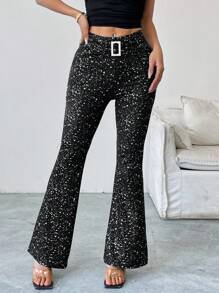 Chiquease 女式喇叭裤，装饰腰带，闪亮面料休闲裤，春夏 - 黑色 - 查看 4