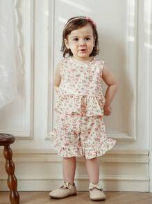 SHEIN Baby Girl Summer Ditsy Floral Ruffle Hem Sleeveless Top And Ruffled Shorts Set, Summer Clothes - Yellow - View 6