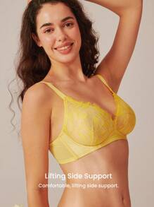LUVLETTE Yellow Embroidered Elegance Floral Lace & Mesh Lingerie Lounge Curve Breathable Unlined Plunge V-Neck Sheer Minimizer Bra - Yellow - View 5
