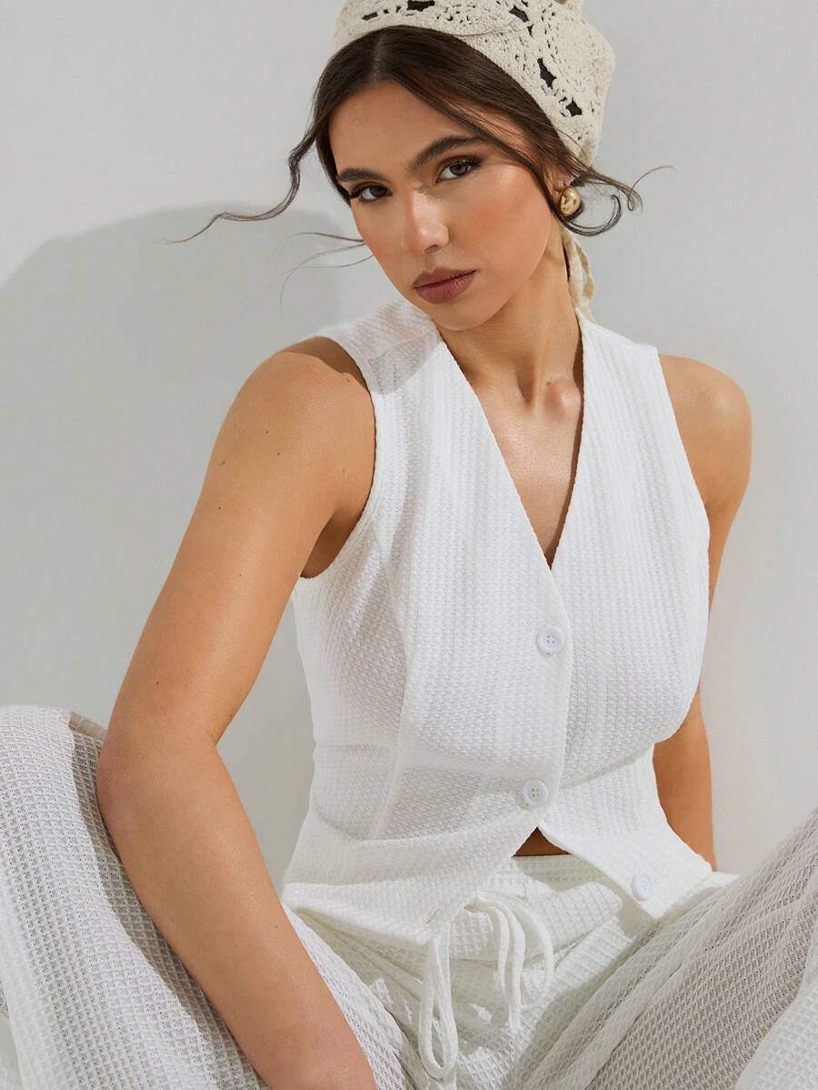 Athîral Top sans manches casual femme à boutons avec texture de couleur unie - Blanc - Voir 1