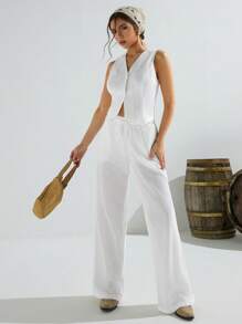 Athîral Women's Vacation Casual Solid Color Textured Pants,Western Wear Women - White - View 3