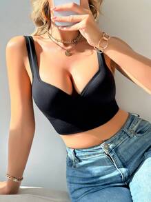 Sujetador camisola de mujer cómodo y minimalista con copas moldeadas, apto para usar como prenda exterior - Negro - Ver 4