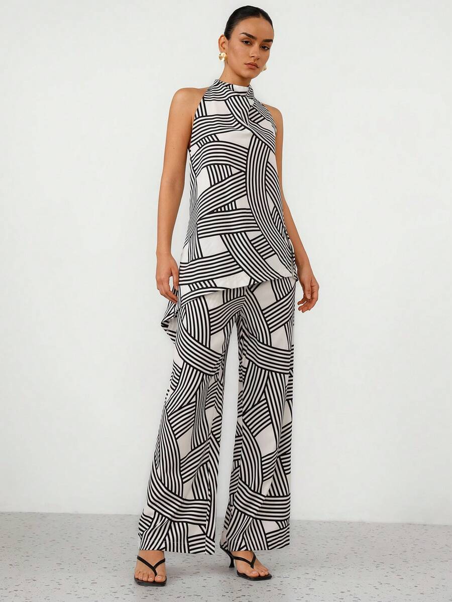 Aveloria 2pcs Women Stand Collar Sleeveless Printed Top & Drawstring Pants Set, Minimalist Style - Multicolor - View 1