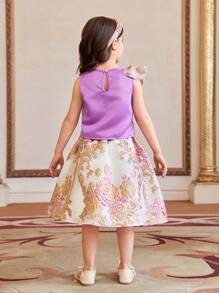 SHEIN Conjunto de 2 piezas de top sin mangas morado y falda con volantes a juego para niñas, atuendo elegante para fiestas, apropiado para salir, reuniones familiares y cumpleaños