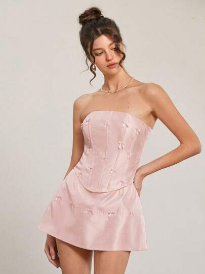 BELROSIE Flirty Sexy Pink Bandeau Top & Bodycon Mini Skirt 2pcs/Set For Women