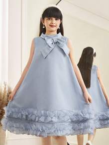 SHEIN Tween Girl 蝴蝶结领荷叶边无袖 A 字形欧根纱连衣裙