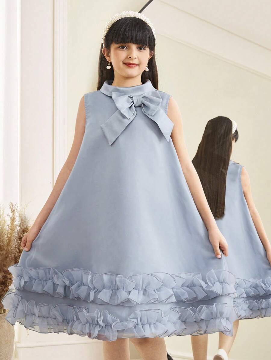 SHEIN Tween Girl 蝴蝶结领荷叶边无袖 A 字形欧根纱连衣裙