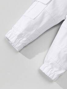 SHEIN Baby Boys' Retro Casual Street Cool Multi-Pocket Loose Comfortable Full Elastic Waist Drawstring Cuffed Washed Light Blue Denim Cargo Pants - White - View 3