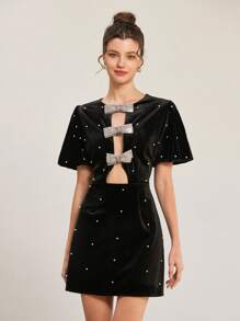 Aveloria Rosie Elegant Vintage Rhinestone Bow Decor Hollow Sexy Puff Sleeve Waisted Velvet Glitter Polka Dot Embellished Mini Dress For Women All Over Print  For Summer