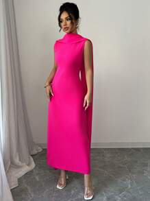 Elenzga Đầm dài ôm dáng đơn giản màu trơn đi làm cho nữ - Màu Hồng Tươi - Xem 6