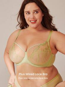 LUVLETTE Sujetador minimalista de malla verde, de encaje floral, sin relleno y transpirable, de cobertura completa para lencería y loungewear de talla grande