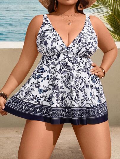 Swim Lushoire Plus Size 2pcs/Set Floral Random Retro Print Cross Front Adjustable Strap Dress & High Waist Swim Shorts, Elegant Ladies Beach Summer Vacation Swimsuit Set