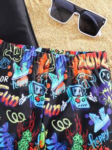 SHEIN 2pcs Kids/Tween Boys Casual Versatile Printed Round Neck Short Sleeve Top And Printed Swim Trunks Swimsuit Set