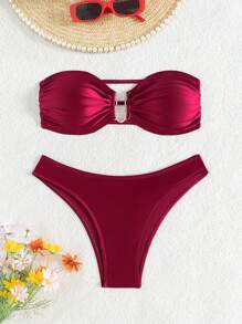 SHEIN Swim Beach Wear For Women Elegant Solid Color Strapless Gold Decor U-Neckline Open Back Outfit For Summer Beach Vacation