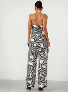 Aveloria Modichic Set de 2 piezas con top sin mangas de cuello alto impreso y pantalones con cordón, estilo minimalista para mujer