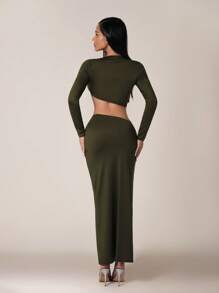 Zolique 2-delige set dames effen kleur ronde hals lange mouw minimalistische top en rok