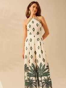CAJUNI Women's Boho Coconut Tree Print Halter Backless Loose Jumpsuit, Vintage Casual Resort Summer Jumpsuit