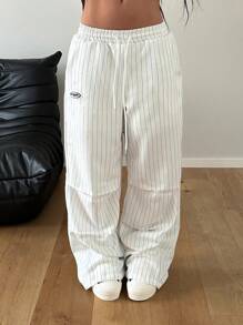 StreetHx 女士街头时尚条纹抽绳宽松黑白夏季长裤 - 白色 - 查看 7
