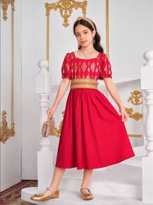 SHEIN Váy dài tay bồng trang trí sang trọng truyền thống màu đỏ vàng cho bé gái tuổi mới lớn - Đỏ - Xem 6