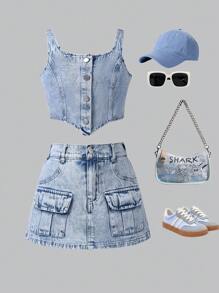 SHEIN Tween Girl Street Style Snug Fit Denim Set, Spring/Summer Outfit Clothes - Light Wash - View 1