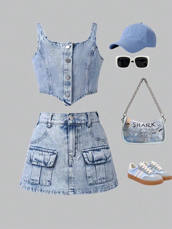 SHEIN WESTFADE Young Conjunto de estilo urbano ajustado de niña preadolescente, ropa de conjunto para primavera/verano
