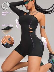 Innovista Women Activewear Asymmetric Zip-Up Foil Print Sports Jumpsuit,Black Summer Sexsy Pilates Faux Leather&Metallic Shine Gym Romper,Elastic Fitness Outfit - Black - View 7
