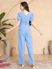 2pcs/Set Teenager Girls Plain Short Sleeve Top And Long Pants Set