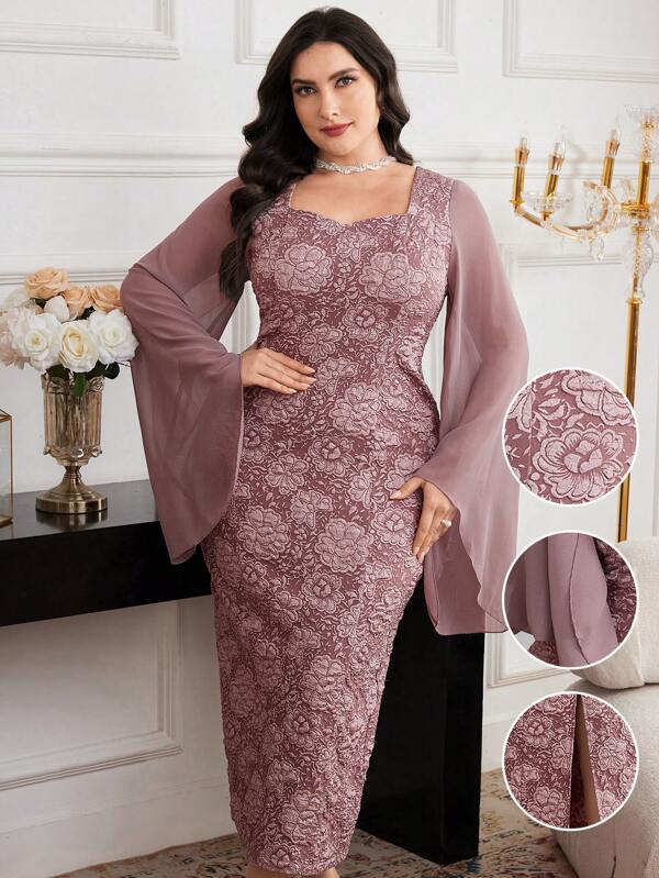 Modelyn Vestido de manga larga con cuello en forma de corazón, contraste de malla, estilo árabe, para mujer de talla grande