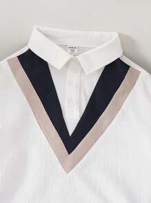 SHEIN Tween Boy Casual Gentleman Colorblock Shirt Collar Long Sleeve Loose Robe And Pants Set, Suitable For Party, Outgoing, School - White - View 3