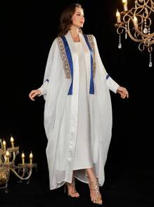 Al Najma 2 件套高端阿拉伯女式长袍套装，采用拼色设计和定制编织丝带，宽松版型，端庄的阿巴亚 - 白色 - 查看 7
