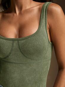 Anewsta Green Women's Fashionable Elegant Square Neck Knit Ribbed Casual T-Shirt Bodysuit, Suitable For Summer, Elegant, Casual, Beach, Vacation - Green - View 7