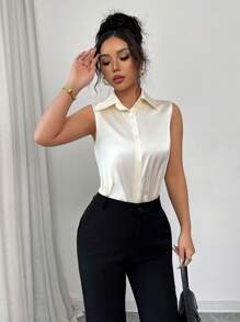 Selianne Women's Simple V-Neck Sleeveless Satin Button-Front Shirt, Apricot Color, Spring/Summer - Apricot - View 3