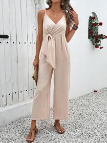 Breezaya Solid Color Sleeveless Wrap Casual Jumpsuit For Women - Apricot - View 3