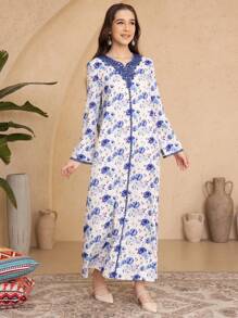 Teen Girl Long Sleeve Flower Print Casual Long Dress