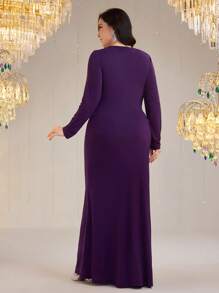 Modelyn Plus Size Diamond Decor V-Neck Long Sleeve Casual Long Dress - Purple - View 2