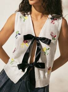 Easelle Chaleco de punto informal de mujer de unicolor con parches, sin mangas, con bordado floral - Multicolor - Ver 7