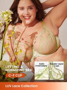 LUVLETTE Sujetador minimalista de malla verde, de encaje floral, sin relleno y transpirable, de cobertura completa para lencería y loungewear de talla grande