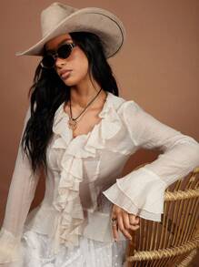 COSMINA 女式优雅荷叶边下摆长袖衬衫，春夏