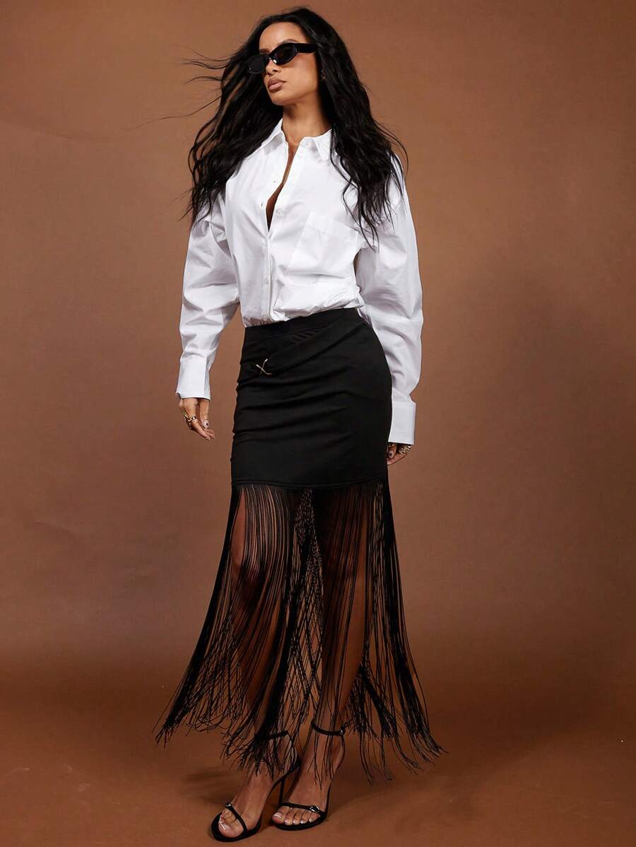 COSMINA Falda con flecos negra elegante para mujer, primavera/verano - Negro - Ver 1