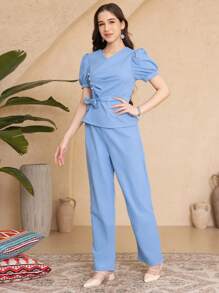 2pcs/Set Teenager Girls Plain Short Sleeve Top And Long Pants Set