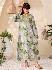 Tween Girl 花卉印花 V 领长袖休闲连衣裙 - 綠色 - 查看 1