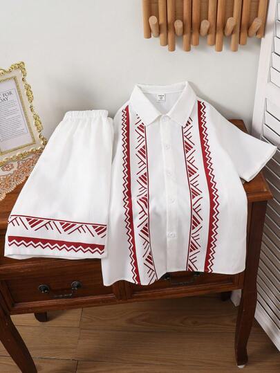 SHEIN Leap Crew 1pc Tween Boys Casual Academia Comfortable Fashion Minimalist Versatile Soft Vintage Floral Print Short Sleeve Shirt And Shorts Set, Suitable For Spring Summer, School, Formal Events, Parties