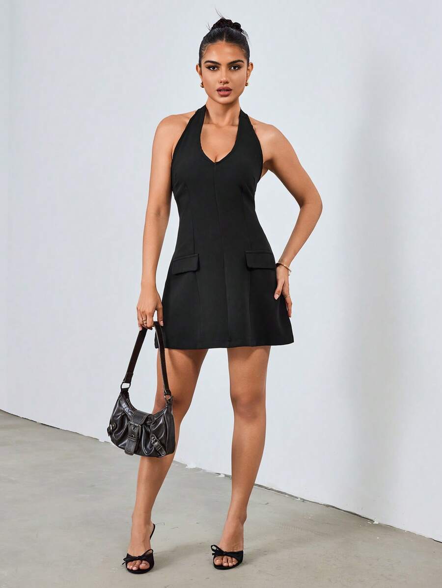 SHEIN Unity Vestido negro elegante de cuello halter sin espalda - Negro - Ver 1