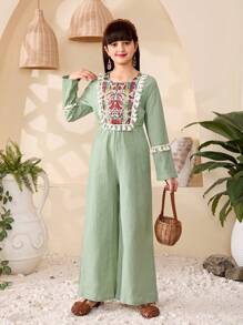 Tween Girl Solid Color Patchwork Fringe Decor Long Sleeve Casual Jumpsuit - Green - View 1