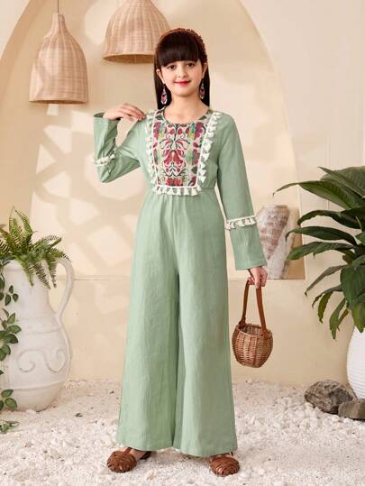 Tween Girl Solid Color Patchwork Fringe Decor Long Sleeve Casual Jumpsuit