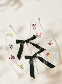 Easelle Chaleco de punto informal de mujer de unicolor con parches, sin mangas, con bordado floral - Multicolor - Ver 2