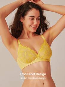 LUVLETTE Yellow Embroidered Elegance Floral Lace & Mesh Lingerie Lounge Curve Breathable Unlined Plunge V-Neck Sheer Minimizer Bra - Yellow - View 8